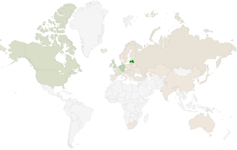 Ve kterých zemích jsou lotyšské weby fyzicky umístěny? Mapa zemí hostování