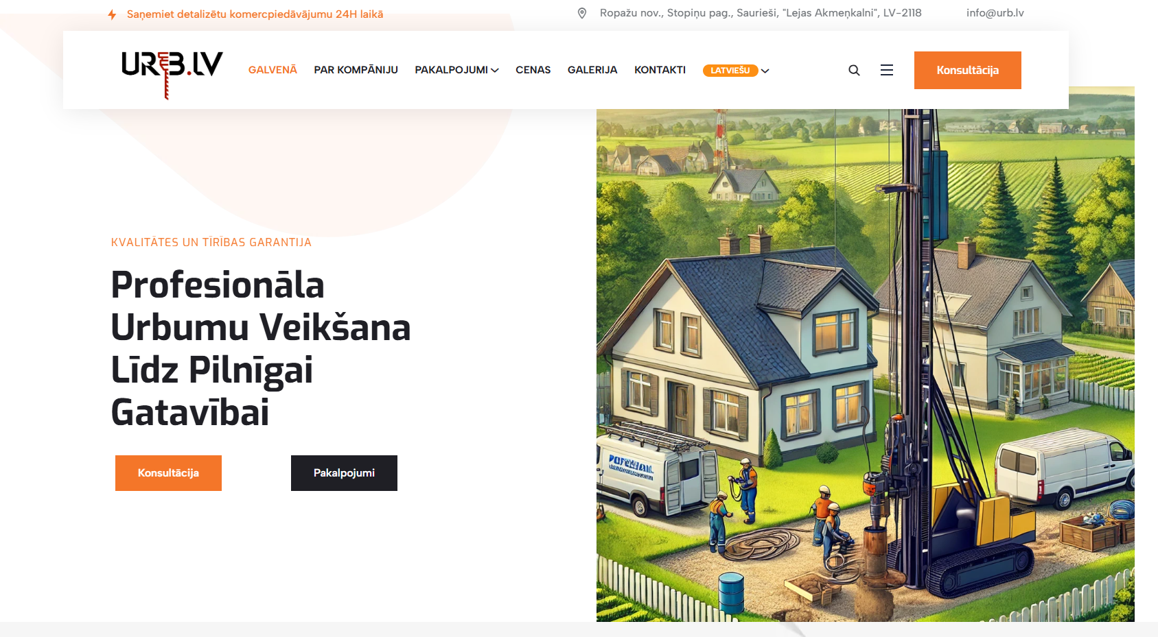 Hlavní sdělení a vizuální dojem z domovské stránky - 'Profesionální vrtání studní až do konce'