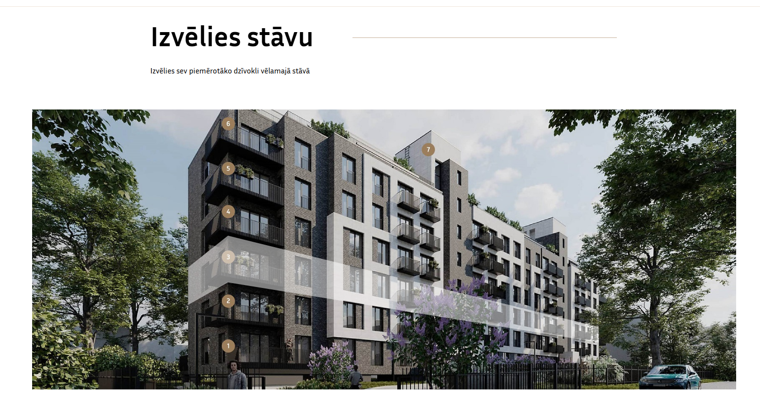 Stránka výběru podlaží s interaktivní vizualizací budovy a očíslovanými úrovněmi.