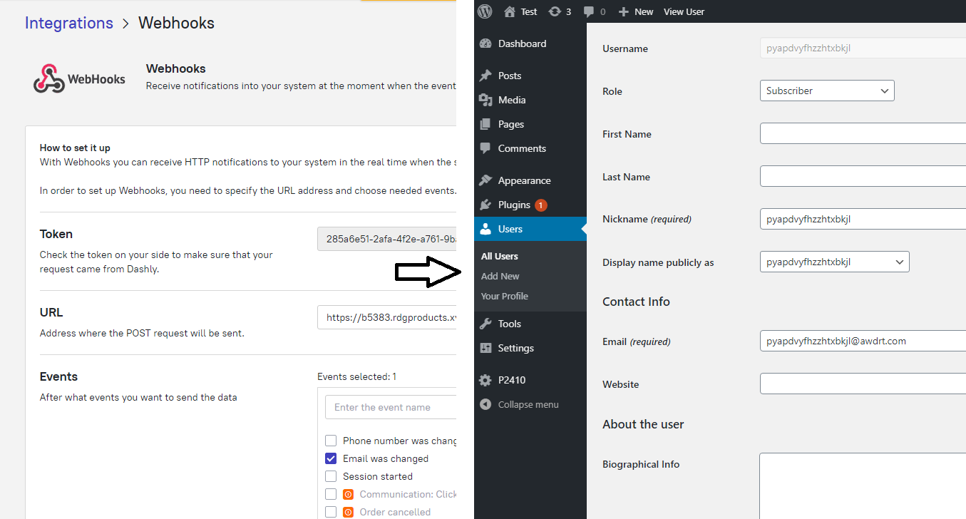 Webhook z Dashly spouštějící automatické vytvoření účtu WordPress – testovací uživatel vytvořen po zaslání e-mailu prostřednictvím chatbota.